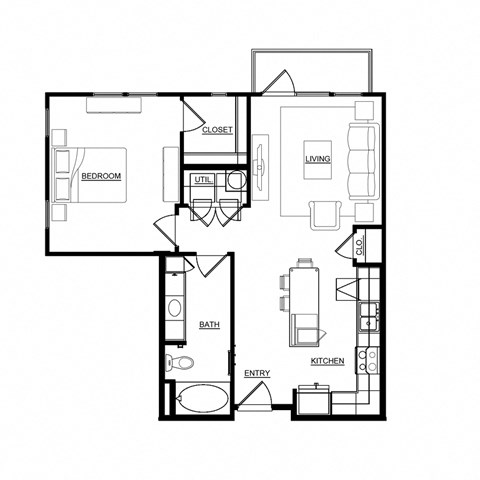 Floor plan for 1 bed, 1 bath, 762 sqft